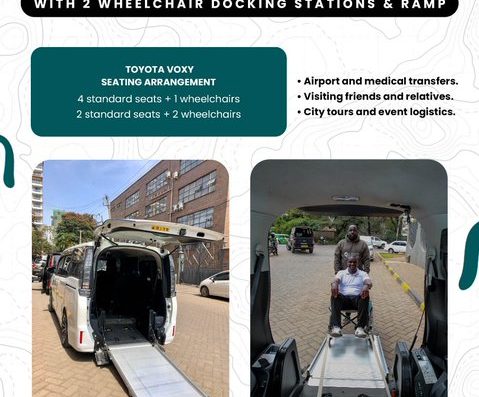 oyota Voxy — Flexible, Accessible & Built for Groups and Caregivers Meet the vehicle that puts flexibility and accessibility first. Our modified Toyota Voxy is purpose-built for wheelchair users, caregivers, and mixed-mobility groups — offering two intelligent seating configurations, a smooth onboard ramp, and secure dual wheelchair docking stations. Whether you're travelling solo with a carer or alongside a fellow wheelchair user, the Voxy adapts to your needs. ♿ Flexible Seating — Your Journey, Your Configuration The Toyota Voxy's cabin is designed to flex around your group's unique needs: ConfigurationStandard SeatsWheelchairsOption 14 standard seats+ 1 wheelchairOption 22 standard seats+ 2 wheelchairs Whether you need more space for companions and caregivers or maximum wheelchair capacity for two users travelling together, the Voxy delivers without compromise. 🛗 Built-In Ramp — Dignified, Independent Boarding Boarding is effortless with the Voxy's sturdy, built-in aluminium ramp that deploys directly from the rear of the vehicle. Designed with a gentle gradient, it allows wheelchair users to board independently or with minimal caregiver assistance — no heavy lifting, no transfers, no stress. ✅ Non-slip ramp surface for safe entry in all weather conditions ✅ Gentle incline suitable for manual and lightweight power wheelchairs ✅ Quick and easy deployment — ready in seconds ✅ Wide enough to accommodate standard wheelchair frames comfortably 🔒 Dual Wheelchair Docking Stations — Safety Engineered In Every journey is only as good as the safety behind it. The Voxy's two dedicated wheelchair docking stations keep passengers securely anchored throughout the trip — no shifting, no rolling, no worry. ✅ 2 fully equipped docking bays with secure tie-down systems ✅ Compatible with most standard manual wheelchair frames ✅ Firm locking mechanisms designed for Nairobi's varied road conditions ✅ Each station allows caregivers to sit directly alongside for added comfort 🚐 Why the Toyota Voxy Is Perfect for Nairobi The Voxy's compact, urban-friendly size makes it uniquely suited to Nairobi's busy streets and tight spaces — hospital car parks, residential estates, shopping centres, and hotel drop-offs — while still offering a spacious, welcoming cabin interior. ✅ Wide rear-access ramp entry — easy for all wheelchair types ✅ Comfortable air-conditioned interior ✅ Quiet, smooth ride — ideal for medical and post-surgery patients ✅ Nimble enough for city driving, reliable enough for upcountry routes 🗓️ Every Journey Covered ✈️ Airport & medical transfers — stress-free arrival and departure for wheelchair users 👨‍👩‍👧 Visiting friends & relatives — travel together comfortably as a group 🏙️ City tours & event logistics — explore Nairobi accessibly and stylishly Why Book With Accessible Travel Kenya? 🏆 Kenya's leading accessible transport provider 👨‍✈️ Trained, experienced drivers — respectful, patient, and professional 🛡️ Fully insured vehicles for complete passenger peace of mind 📍 Nairobi-based, nationwide coverage including upcountry and cross-border trips 🕐 24/7 bookings — we work around your schedule, not the other way around Book the Toyota Voxy Today 📞 +254 724 215 977 📧 bookings@accessibletravel.co.ke 🌐 www.accessibletravel.co.ke